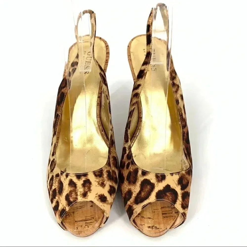Guess womens heels size 10 brown cheetah print faux cork platform slingbacks